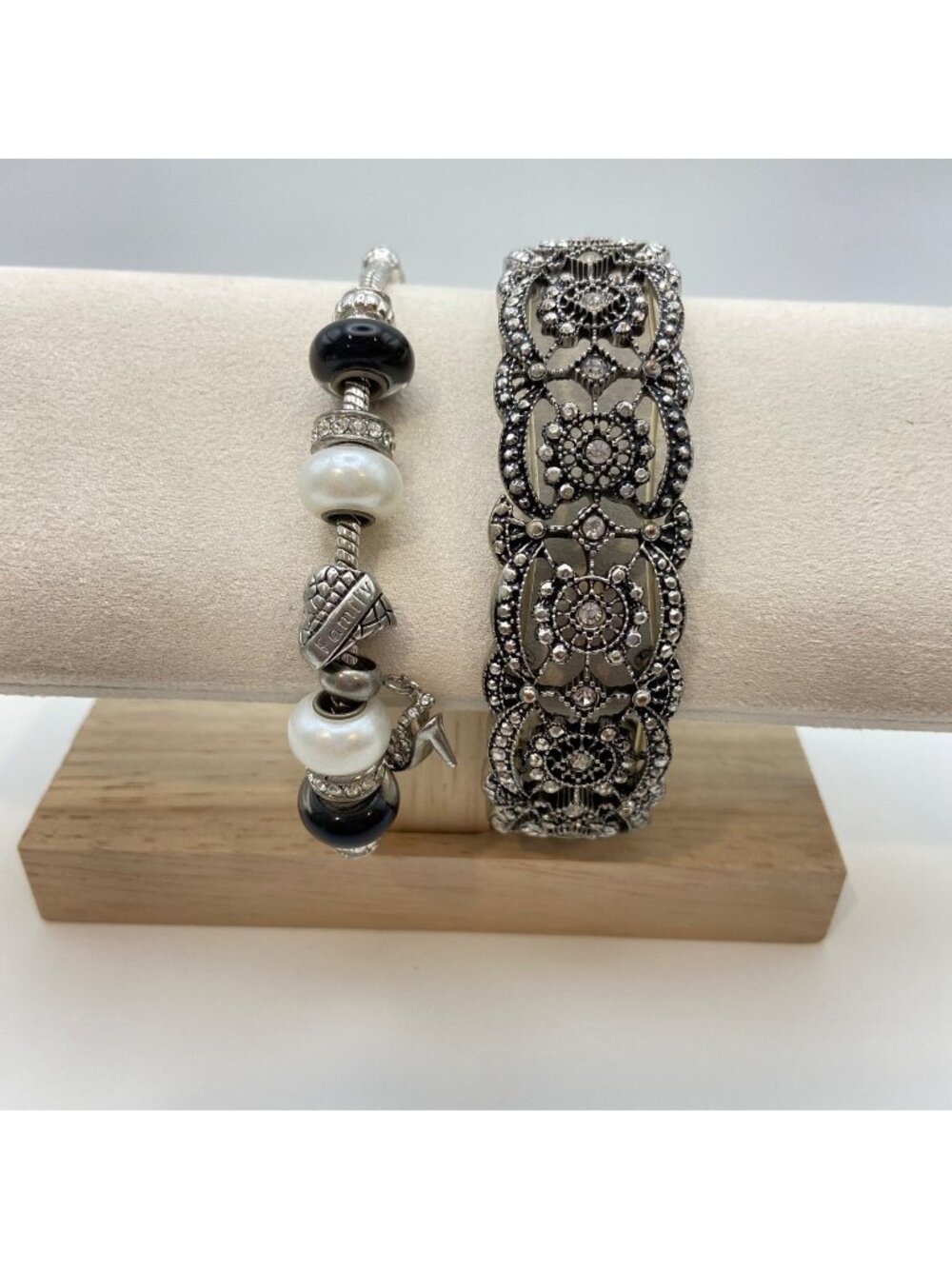 Silver Tone Bracelet Set Art Deco Style Marcasite Look Bangle Charm Bracelet
